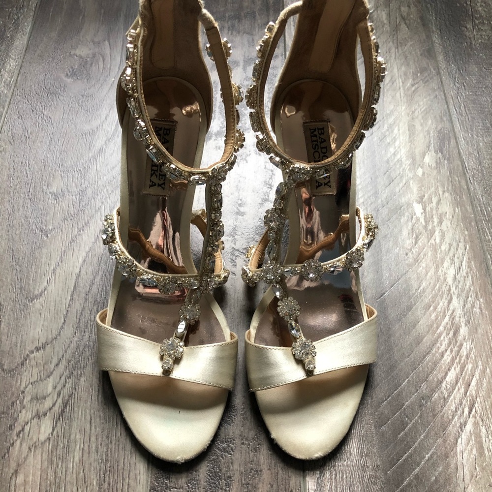 Badgley Mischka satin embellished wedges